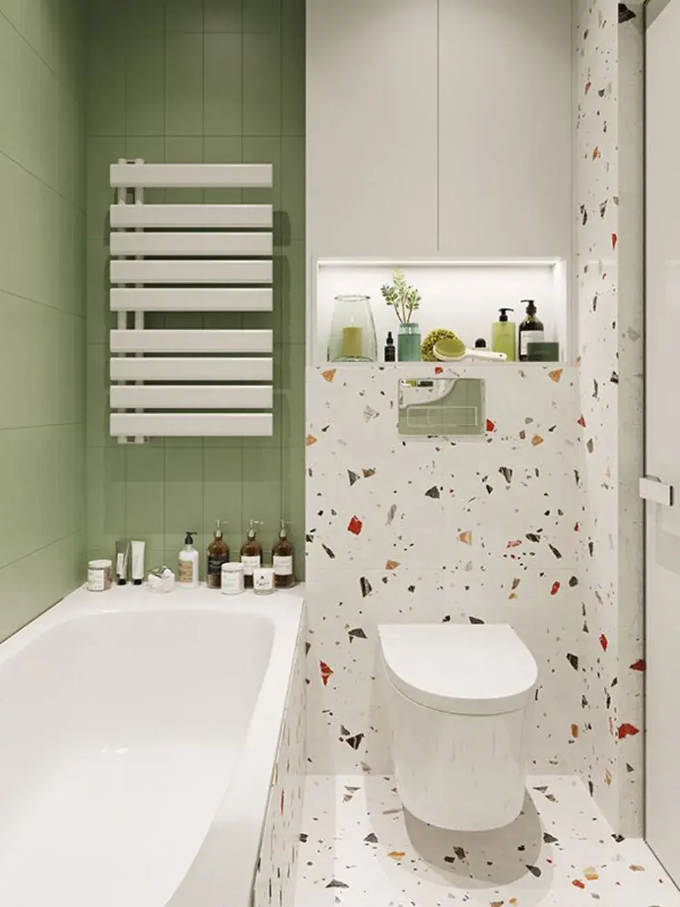 Usar el mismo revestimiento en pisos y paredes o unificar el color de las juntas genera una sensación de continuidad y amplitud.