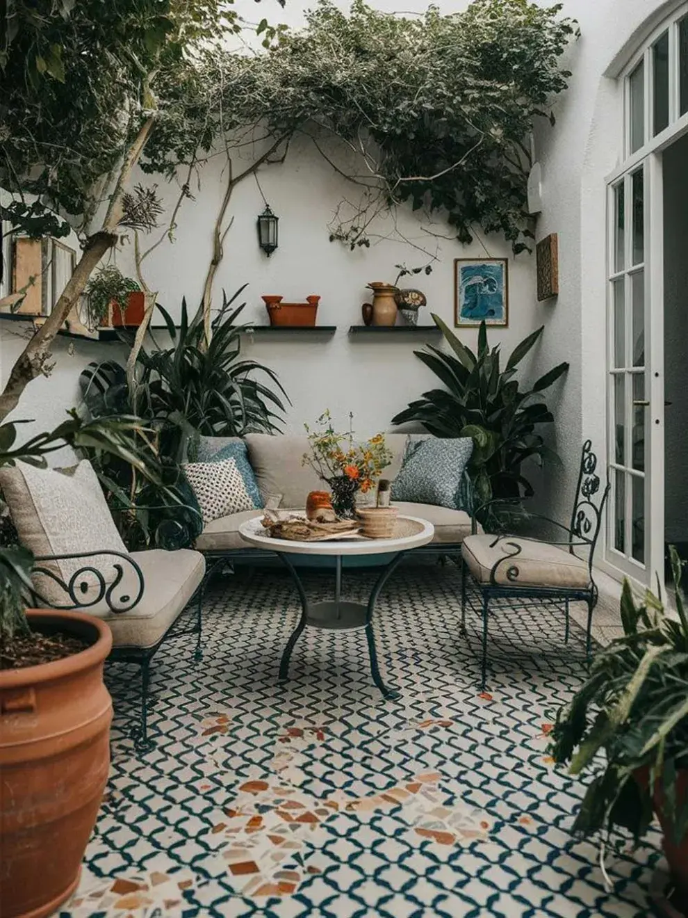 Los muebles de forja aportan un toque de autenticidad, mientras que la cerámica se utiliza tanto en maceteros como en elementos decorativos, como fuentes o jarrones, para dar calidez y color al espacio.