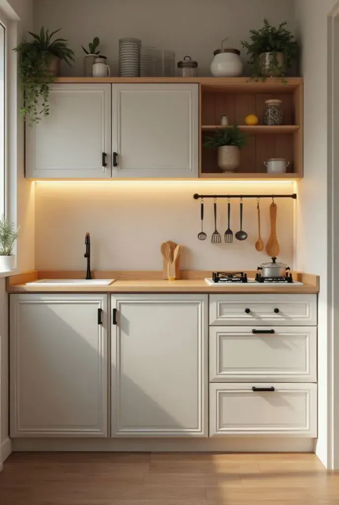 Colocá luces LED debajo de los muebles altos o lámparas inalámbricas en estantes para crear un entorno funcional y cálido.