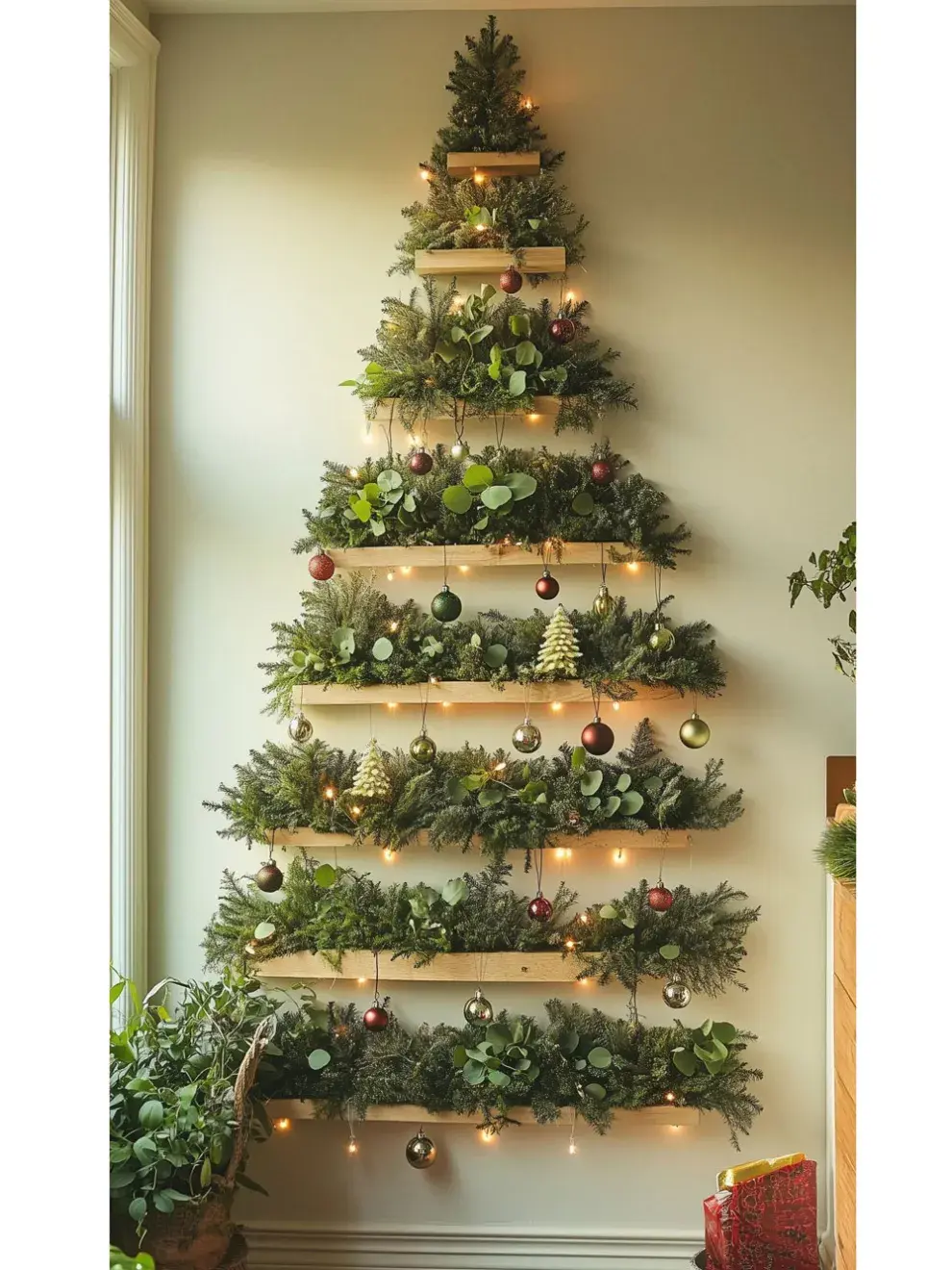 Podés armar un árbol con hojas verdes, maderas y adornos que no uses