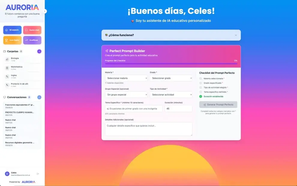 Auroria es una plataforma de inteligencia artificial diseñada exclusivamente para escuelas, para que puedan integrar IA sin miedo 