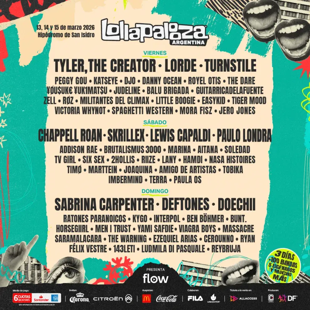 Lollapalooza Argentina 2026: line up día por día.