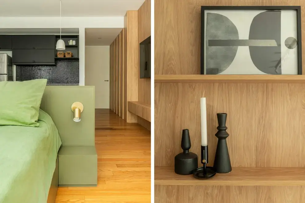 El revestimiento en toda la pared fue una apuesta fuerte porque existía el miedo de que sea un exceso de madera, pero contrario a eso lo que se logró fue que el ambiente se unifique y se vea más grande.