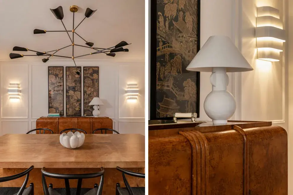Sillas Wishbone, mesa con tapa en pergamino, vajillero vintage (Mercado libre) y tríptico oriental. Lámparas 'Supernova' de 12 luces y 'Paloma', en papel y yeso (ambas de Estudio Molé).