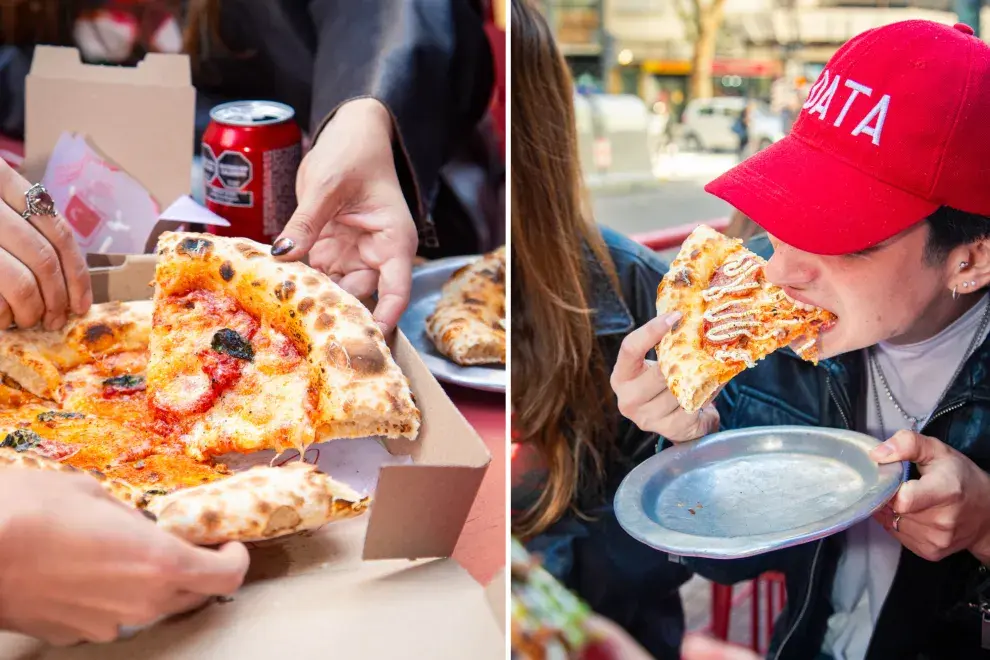 Pizza y una chica comiendo una pizza
