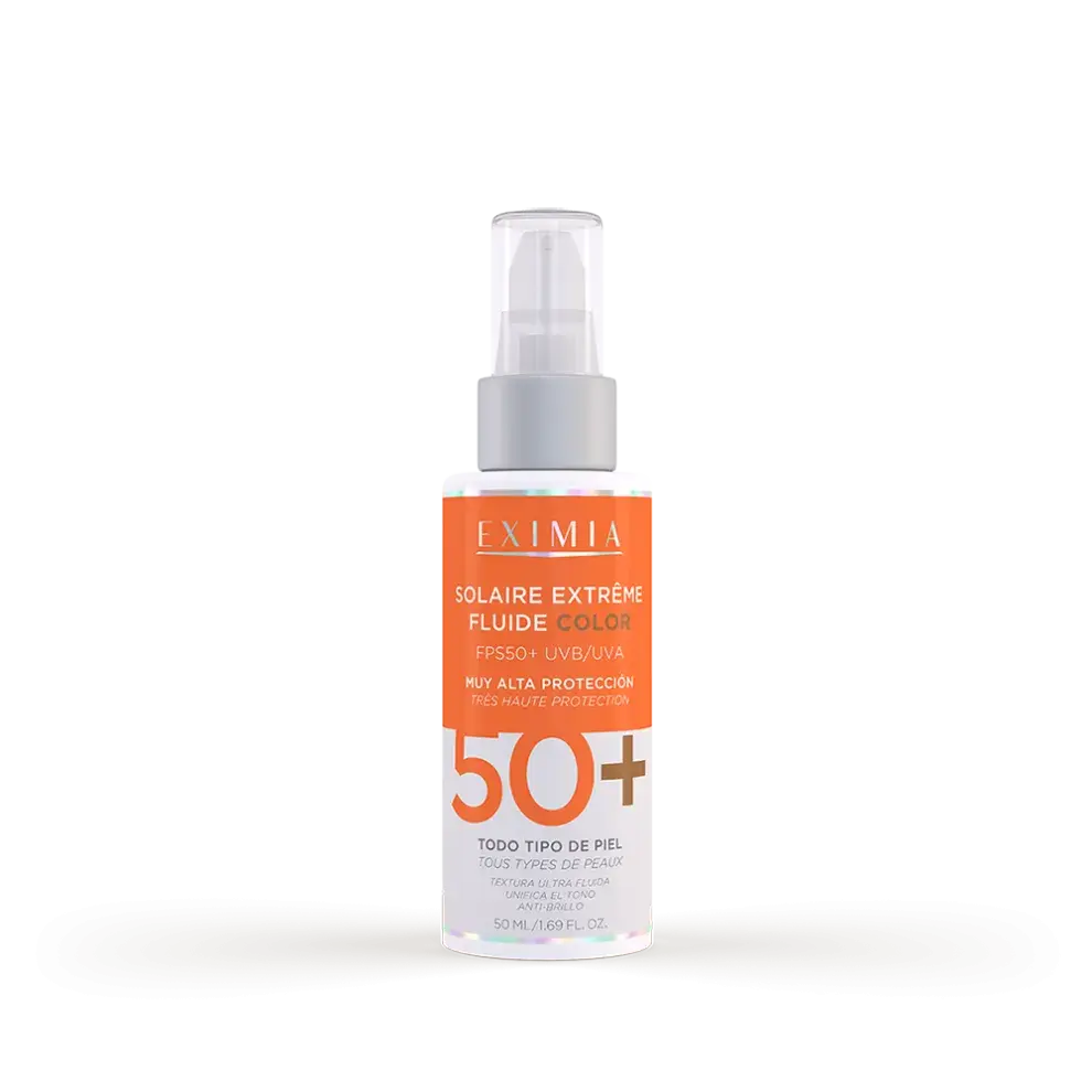 Solaire Extreme Fluide Color: Protector solar con color y muy alta protección UVB/UVA FPS 50. Para todo tipo de piel y con una textura super fluida. Se absorbe de manera inmediata, unificando el tono. (EXIMIA $29,000)