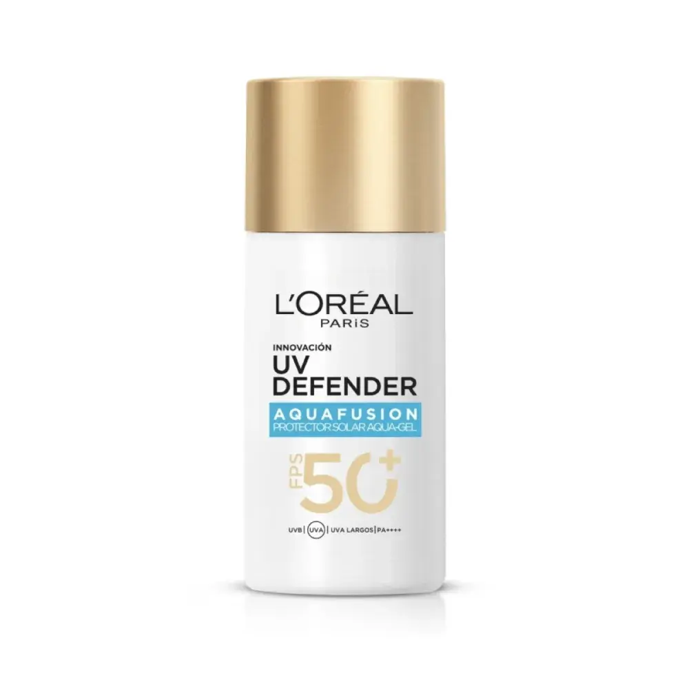 UV Defender Aquafusion presenta una textura Aqua Gel, ligera y que se absorbe en tan solo 3 segundos, brindando una protección eficaz contra los rayos UVA, (L'Oréal $29.900)