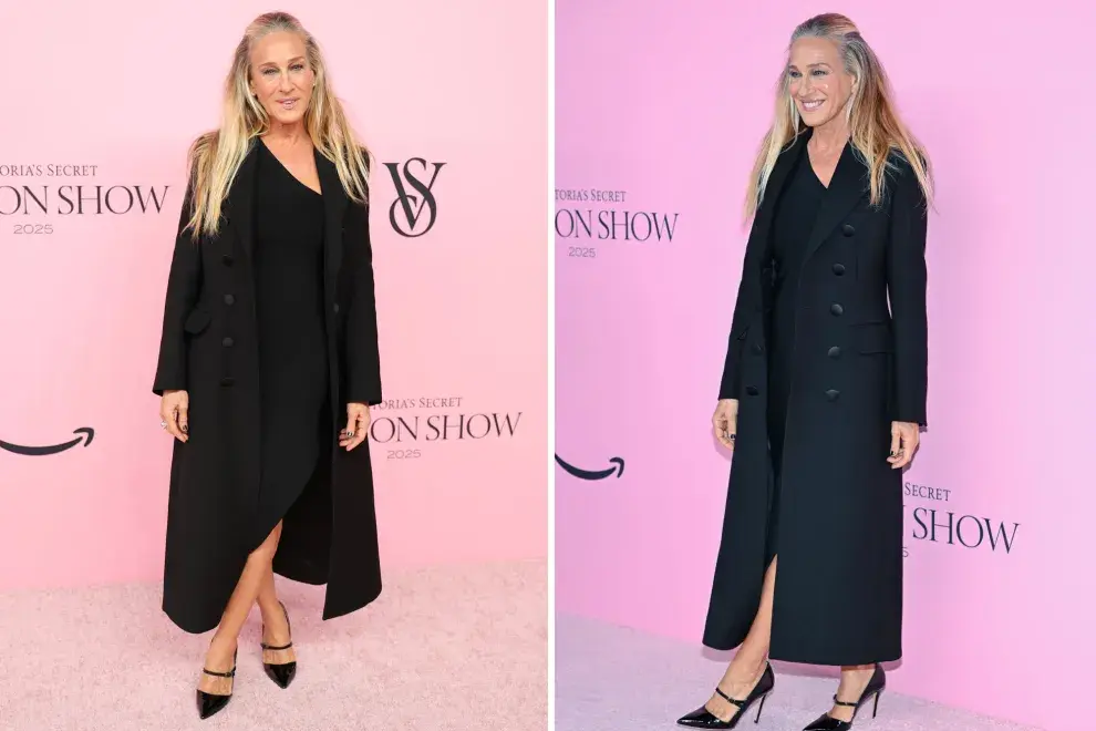 La actriz de Sexo en Nueva York apostó por un total black minimalista compuesto por un abrigo sastre de Dolce & Gabbana, un vestido vintage de Alexander Wang y zapatos de su propia firma