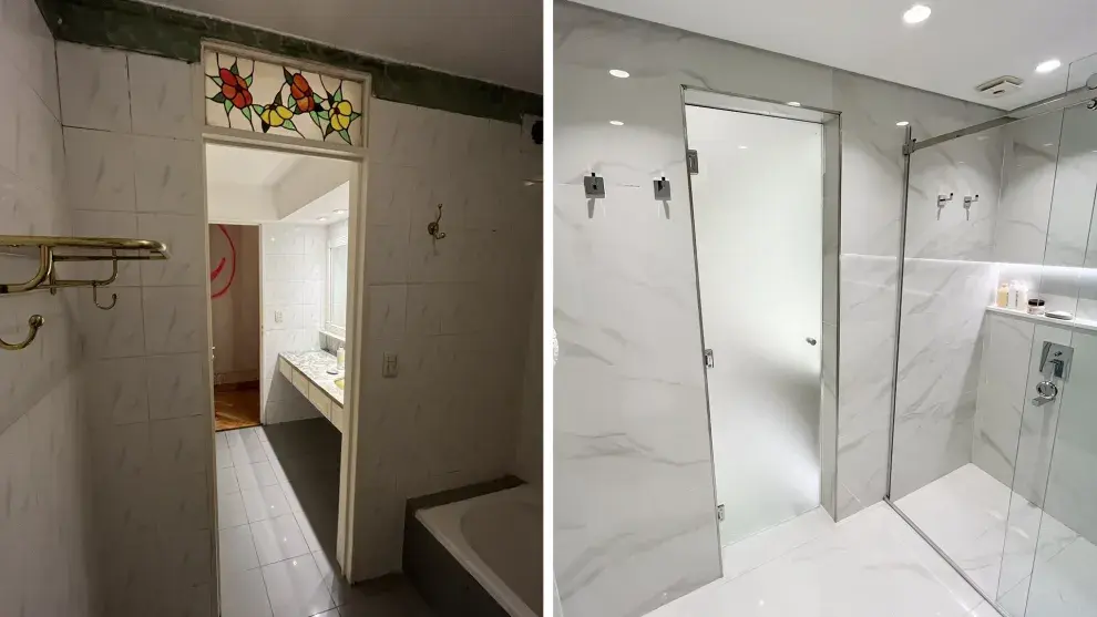 Uno de los baños, antes y después