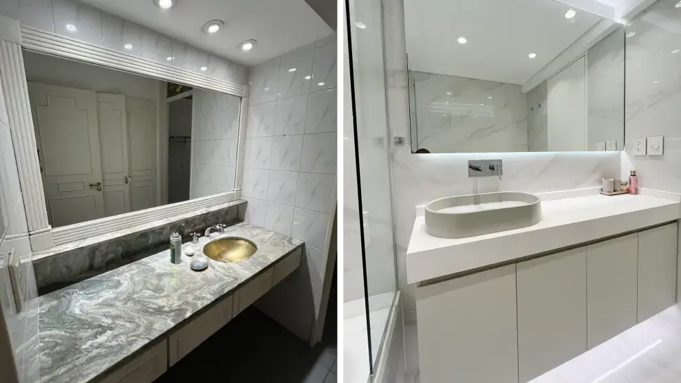 Uno de los baños, antes y después