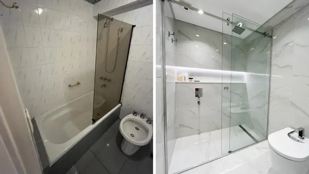 Uno de los baños, antes y después