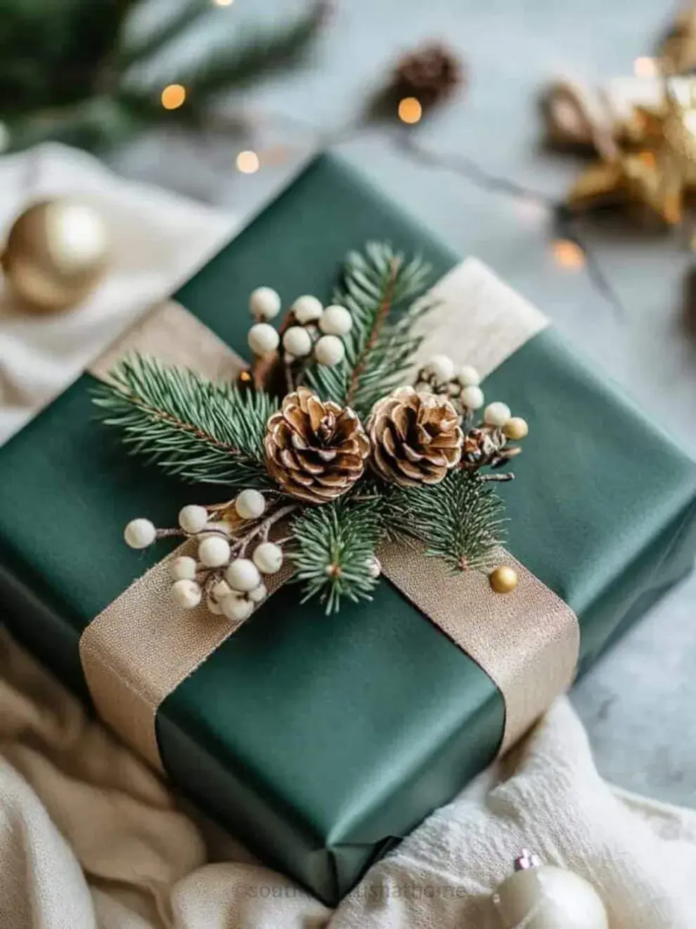 Las cintas de raso, lino o velvet en tonos navideños —rojo, verde, dorado o borgoña— aportan un acabado cálido y sofisticado.