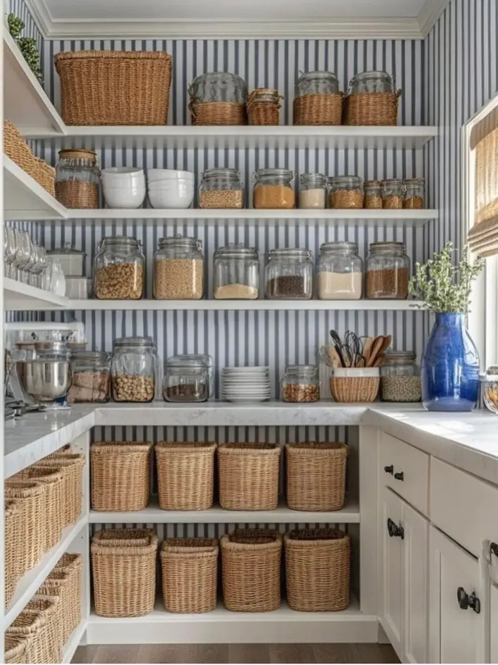 Las estanterías abiertas de madera aportan calidez y permiten exhibir tazas o frascos decorativos.