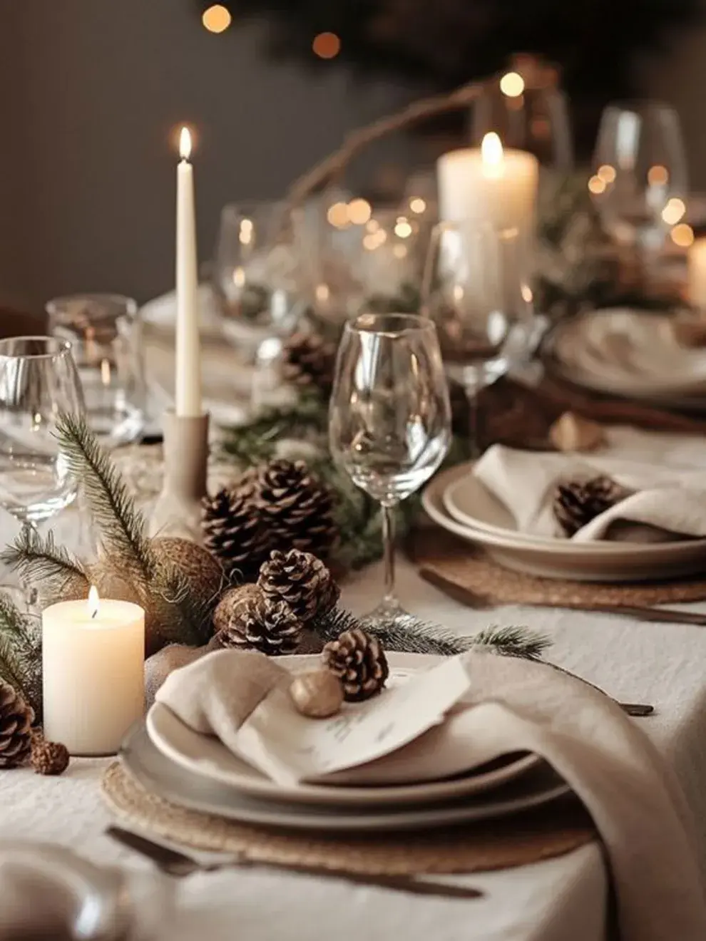 Las velas blancas aportan calma y elegancia, mientras que las luces LED blancas o cálidas realzan la luminosidad del ambiente y crean una atmósfera festiva.