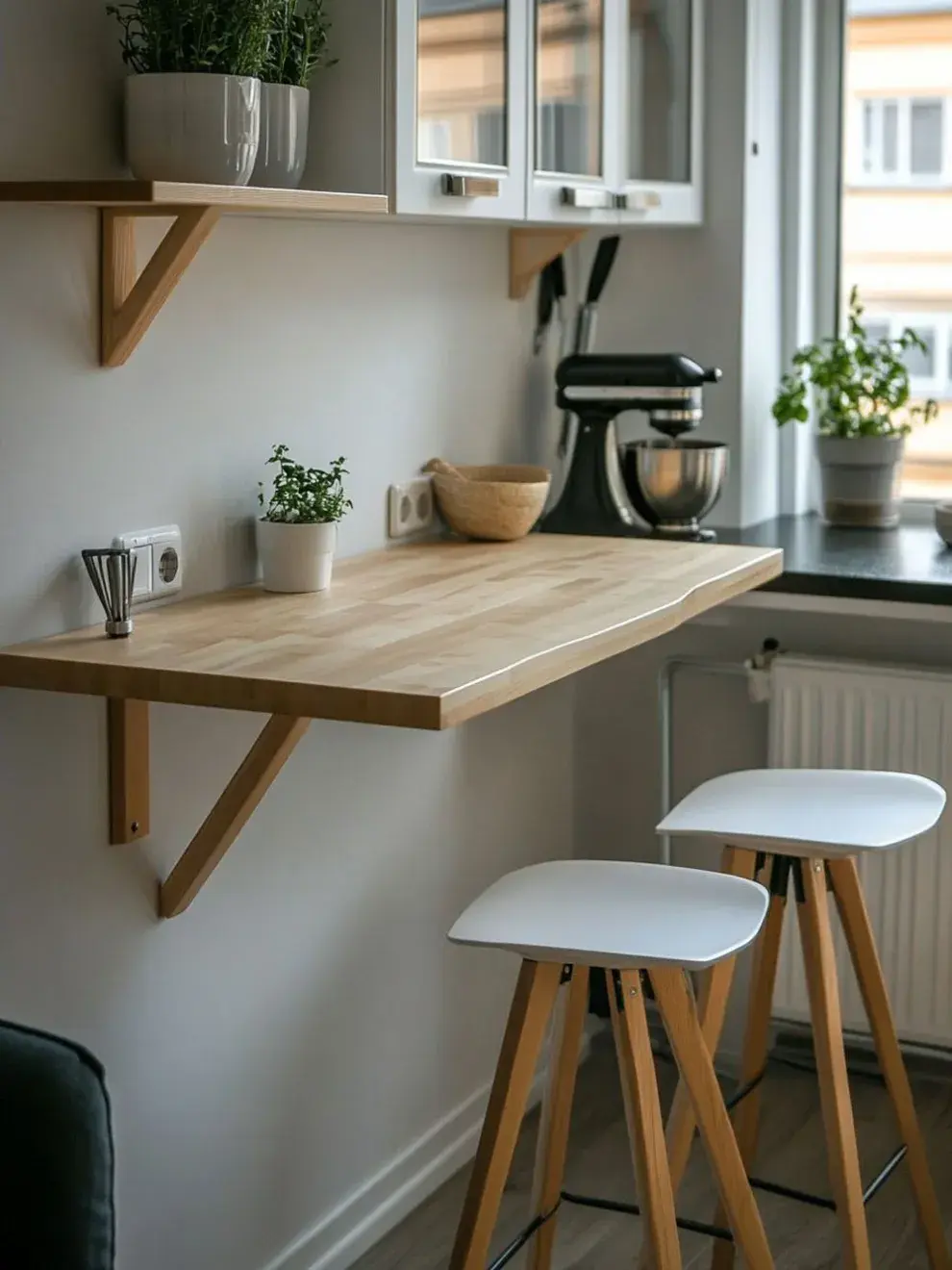 Otra opción práctica es una barra angosta adosada a la pared, a modo de prolongación de los armarios o la mesada.