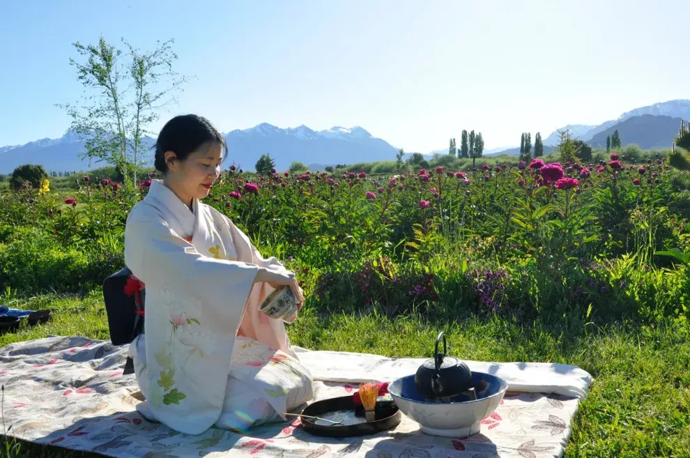 Ceremonia del té en el jardín de las peonías