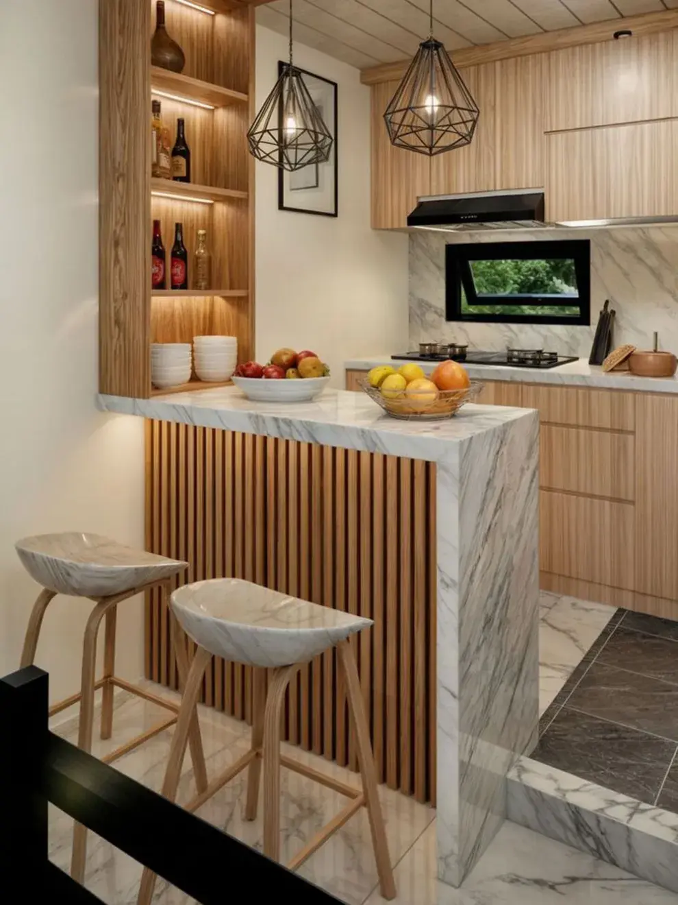 Optá por barras con cajones, estantes o compartimentos ocultos, ideales para cocinas con poco espacio de guardado.