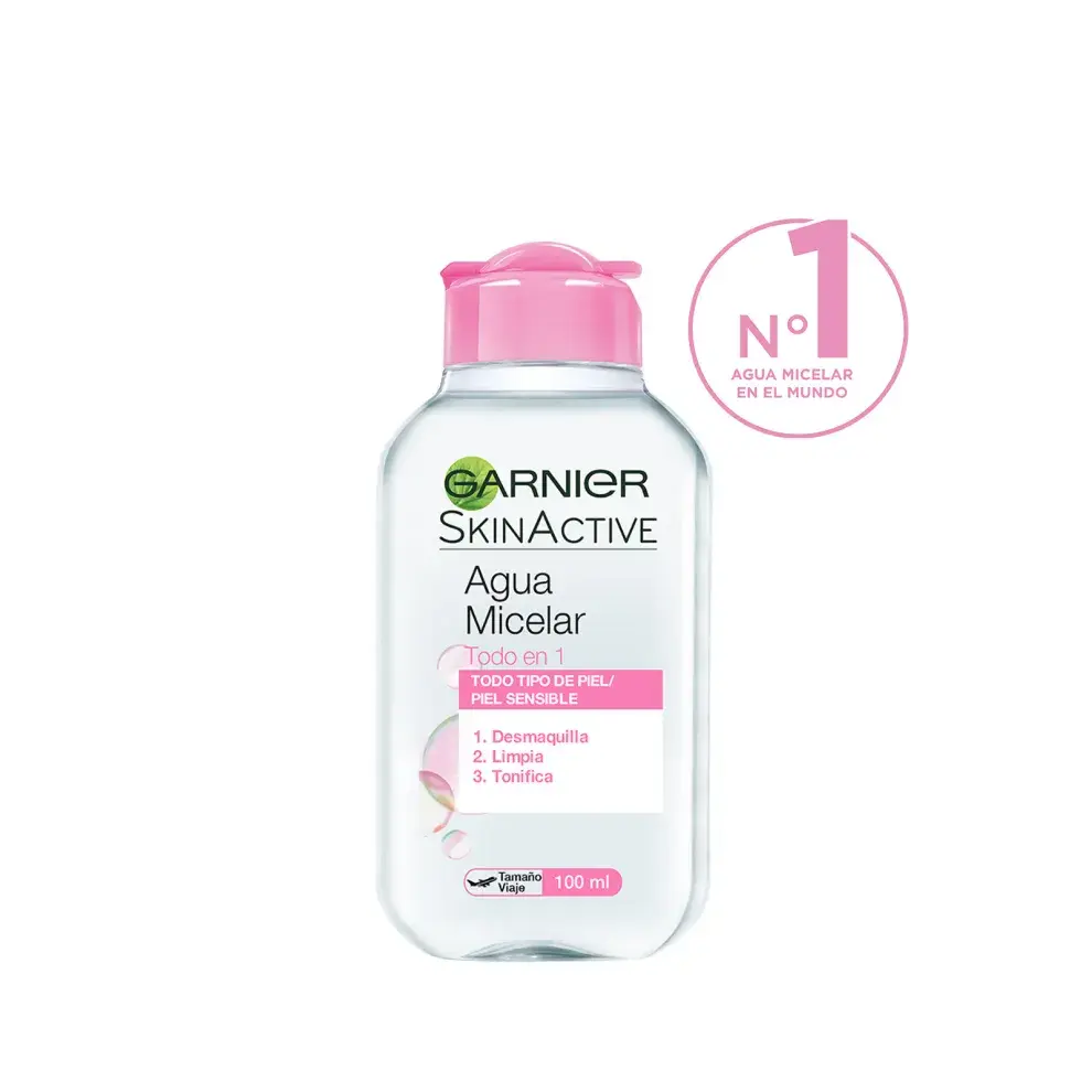 Agua Micelar Todo en 1 limpia, desmaquilla y tonifica en un solo gesto rostro, ojos y labios. Tiene una fórmula reconfortante y sin perfume ideal para todo tipo de piel, incluso las más sensibles. (GARNIER)