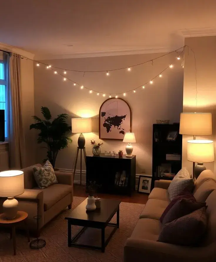 Para evitar rincones oscuros, sumá iluminación puntual: lámparas de pie en esquinas, apliques en paredes y tiras LED en estantes o detrás del televisor. 