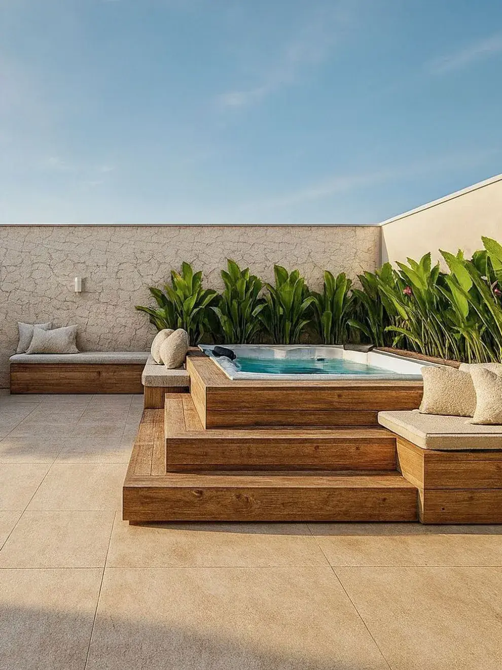 La combinación de deck y jardineras aporta frescura y un toque verde al diseño.