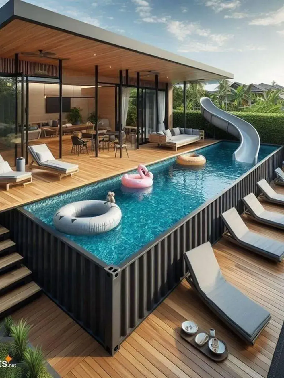 Dejar el container visible potencia su impronta industrial y lo convierte en protagonista del espacio exterior.