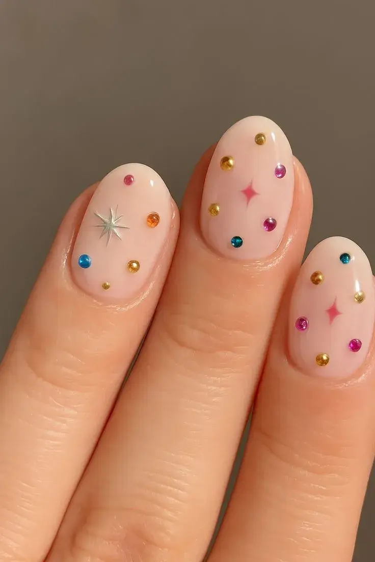 Si te gustan las uñas joyas, sumale strasses de colores para darle un toque distinto.