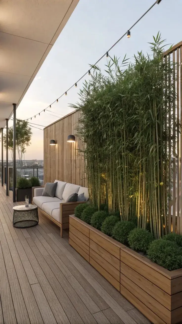 la caña de bambú (Bambusa multiplex y otras variedades no invasivas). Se adapta muy bien a espacios reducidos, crece en altura sin ocupar demasiado ancho y arma un “biomuro” compacto que filtra la vista y el ruido.