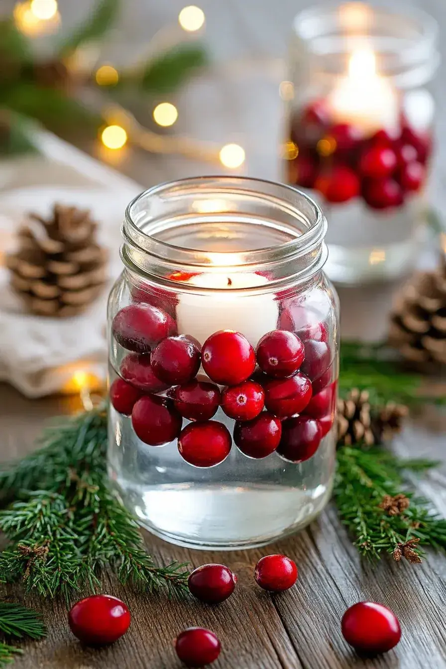 Foto de centro de mesa con velas flotantes para Navidad.