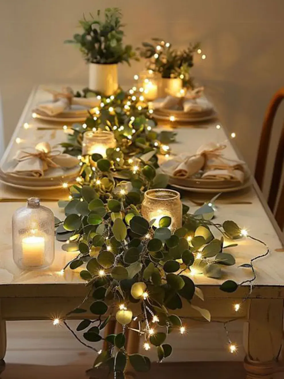 Optá por centros de mesa bajos que no interfieran con la conversación: velas, ramas verdes, flores blancas o recipientes de vidrio con luces cálidas.