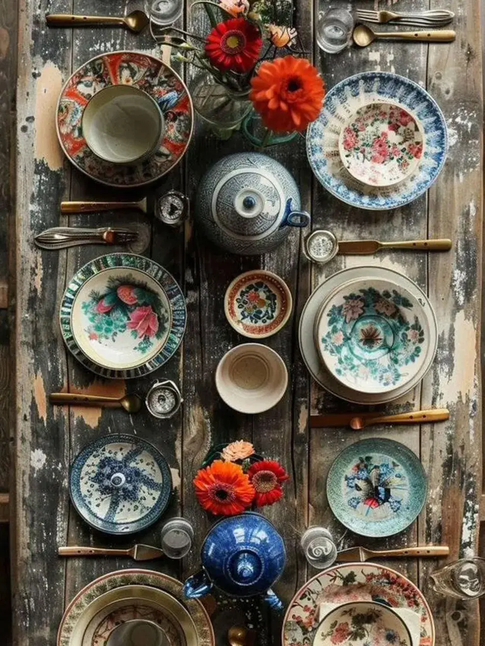 No es necesario usar un set idéntico. Mezclar platos blancos con piezas de vidrio o cerámica artesanal le da personalidad a la mesa.