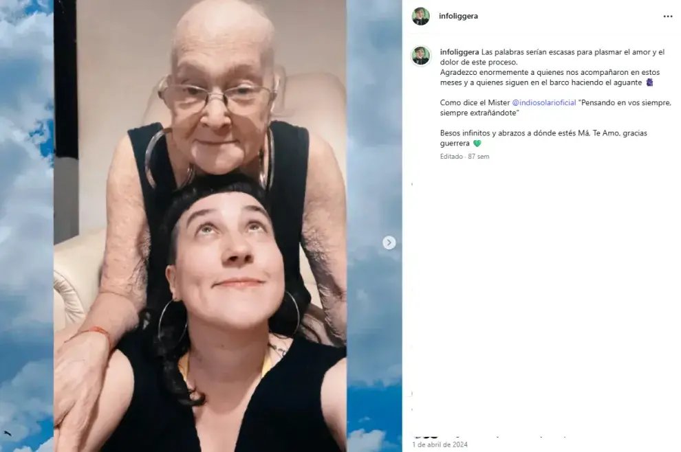 Captura del mensaje de Sol Liggera despidiendo a su madre.