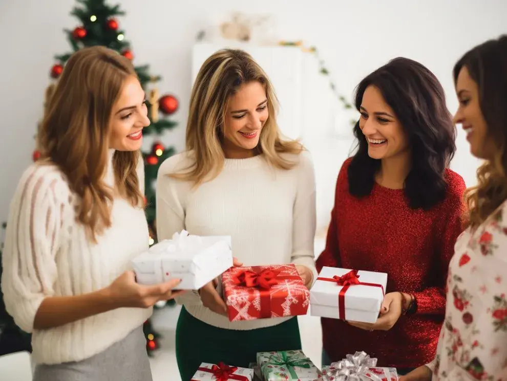 Foto de amigas con regalos.