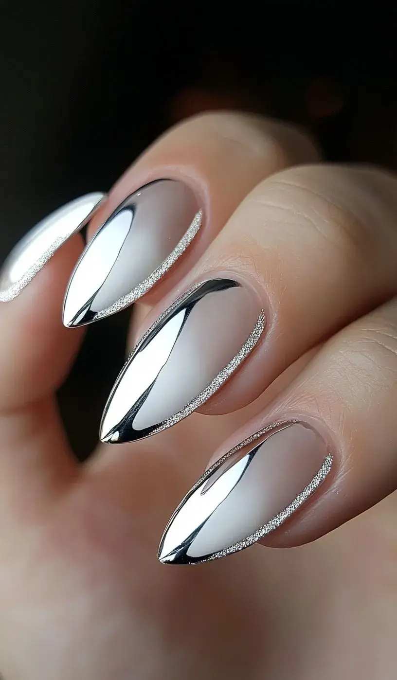 Uñas sofisticadas para Año Nuevo: toque sofisticado con degradé y metal.