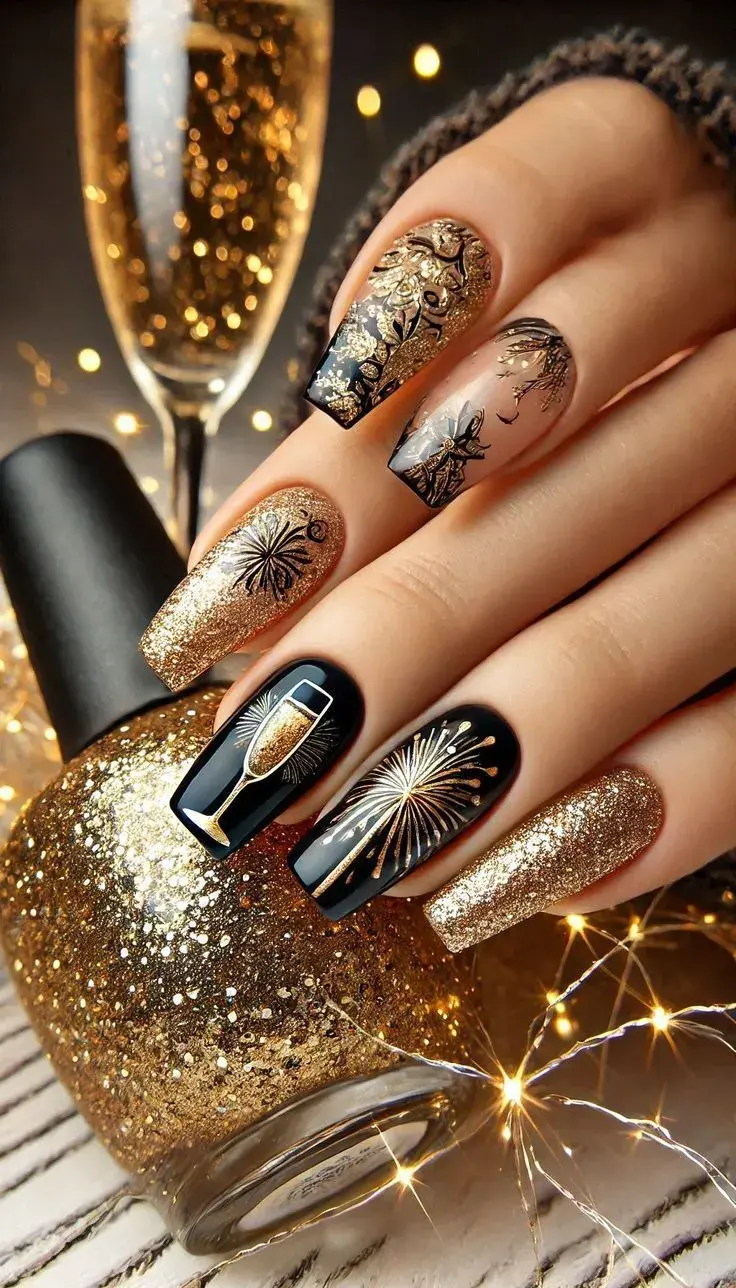 Uñas temáticas de Año Nuevo.