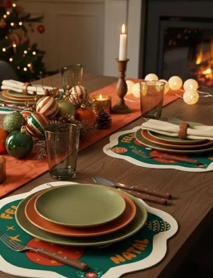 Foto de vajilla en mesa navideña.