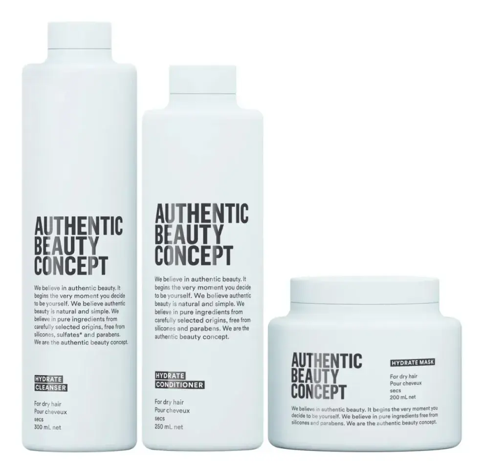 Authentic Beauty Concept Hydrate Shampoo, acondicionador y máscara. Perfecto para un pelo limpio e hidratado. 