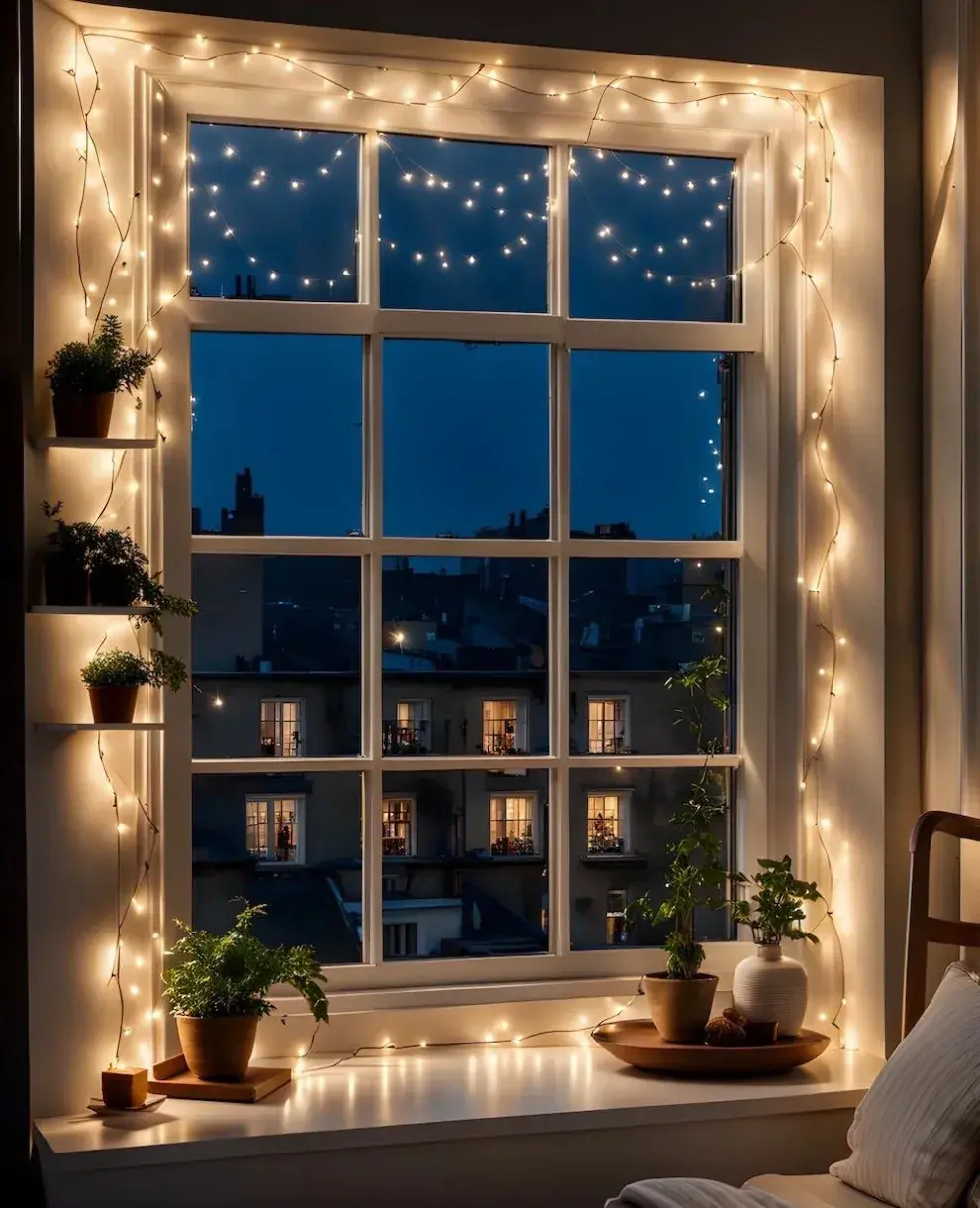 Una idea encantadora para espacios con onda bohemia o festiva: las guirnaldas pueden enmarcar tu ventana