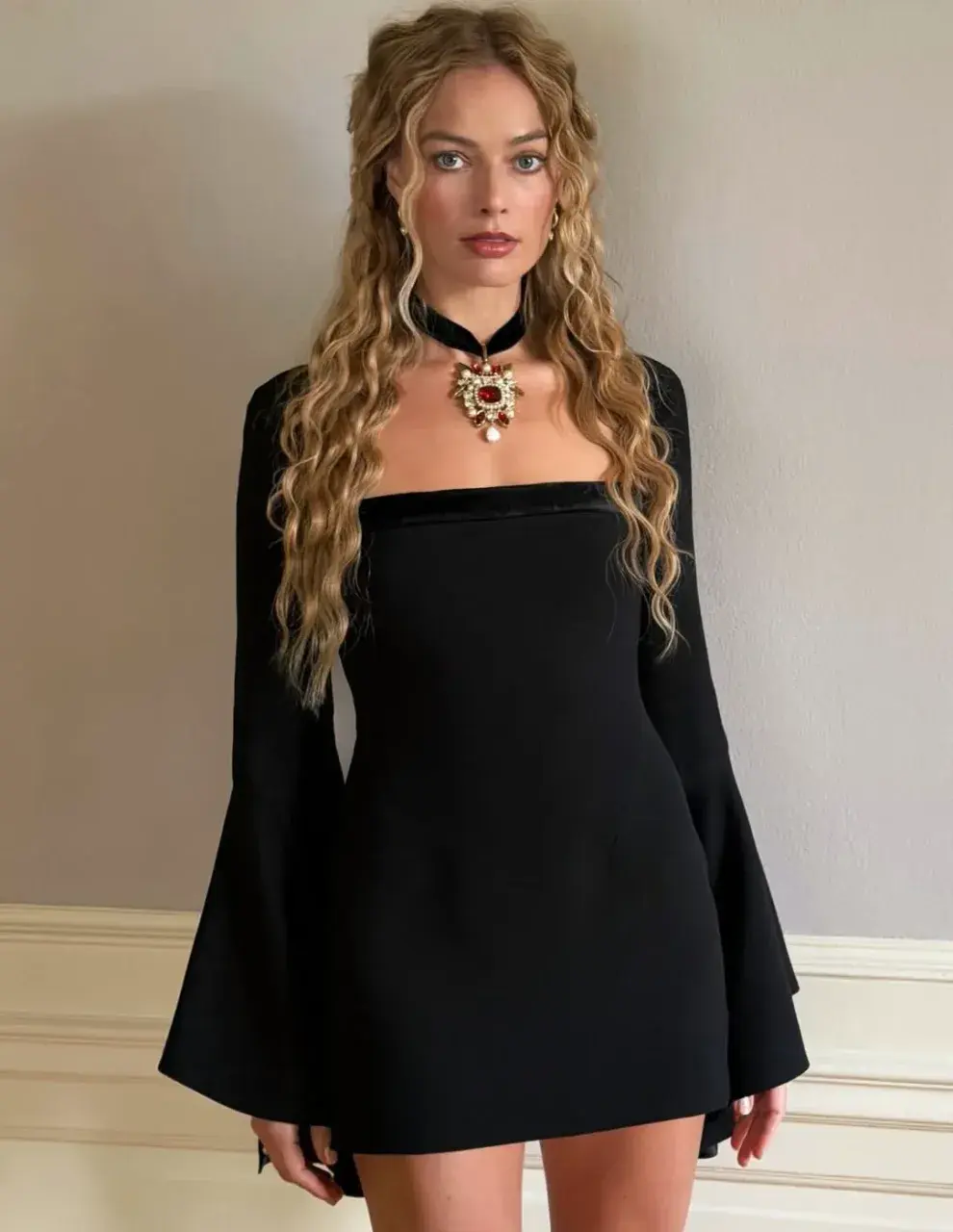 Las mangas acampanadas aportaron dramatismo al conjunto, potenciado por un choker de terciopelo negro con una joya central en oro y rubí, que remite de lleno a una estética victoriana.