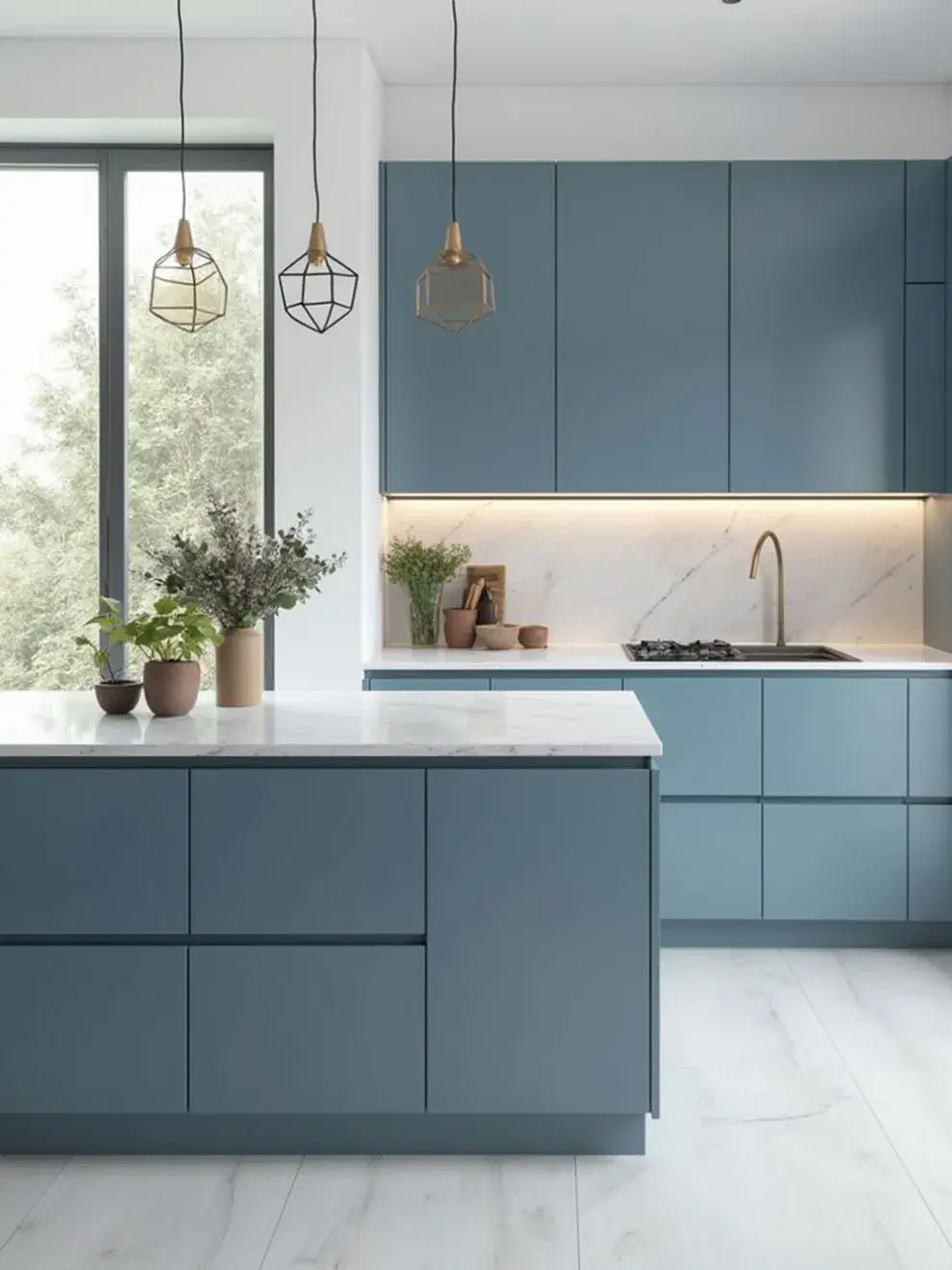 Este año, tonos como azul glaciar, azul petróleo, índigo profundo y azul humo se imponen en cocinas completas, generando ambientes elegantes, modernos y acogedores.