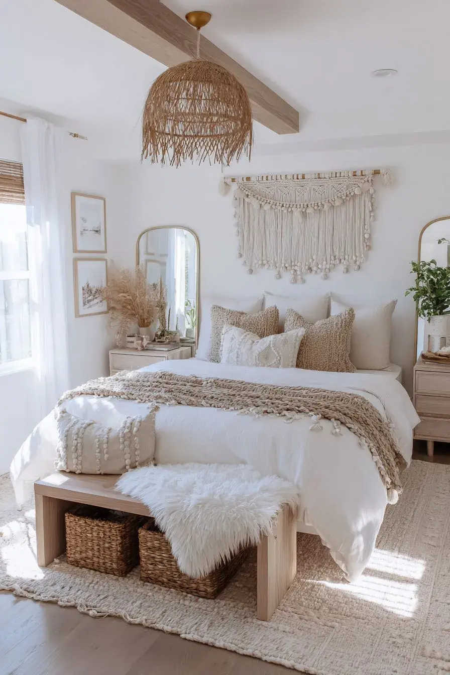 La paleta boho se apoya en tonos neutros y cálidos como beige, blanco puro y marrones, ideales para generar una base serena y luminosa.