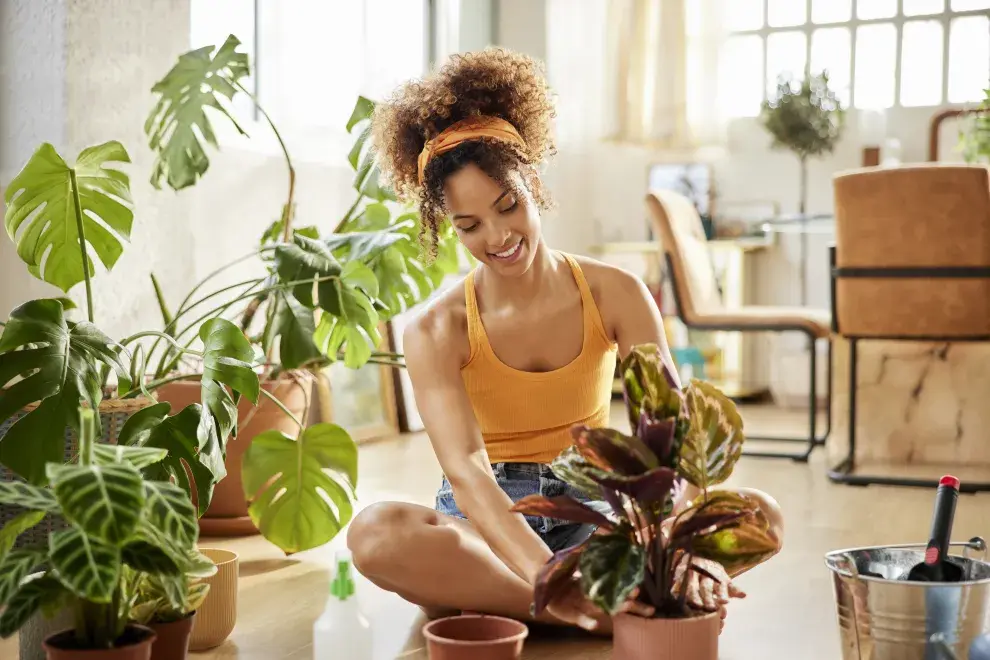 Foto de mujer regando las plantas.