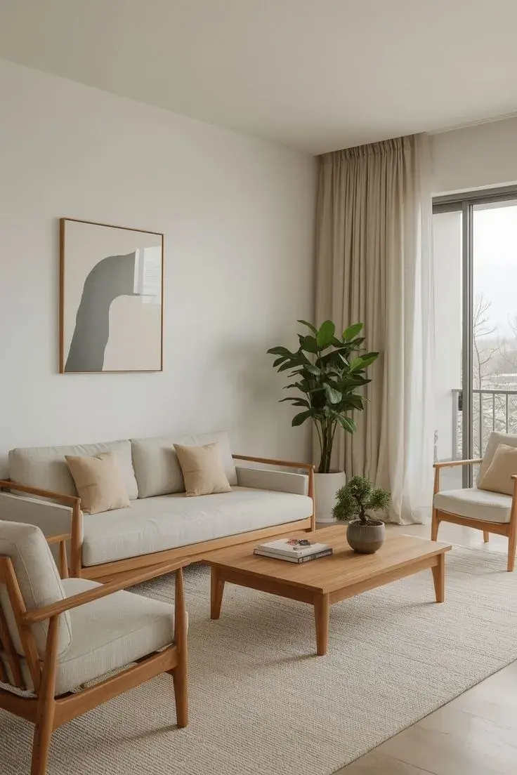 En el living minimalista cálido predominan los muebles de diseño simple y proporciones equilibradas.