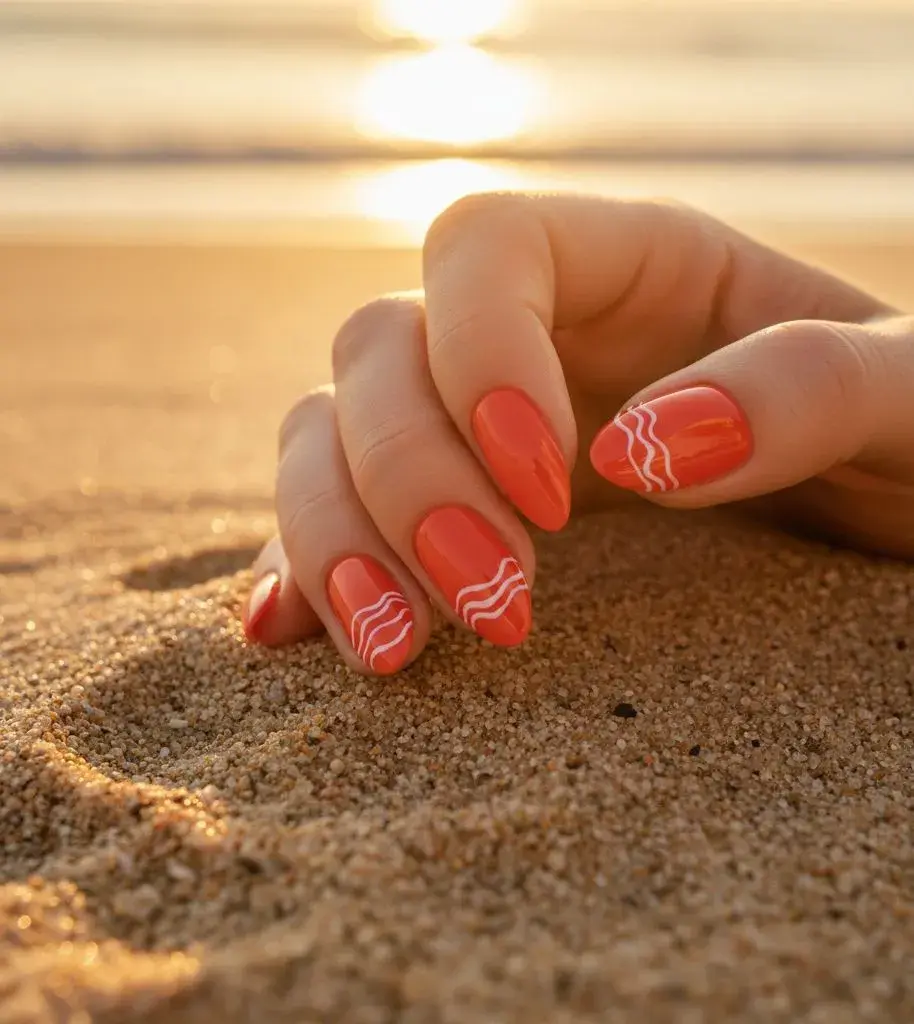 Colores de uñas que hacen ver la piel más bronceada: Coral vibrante.