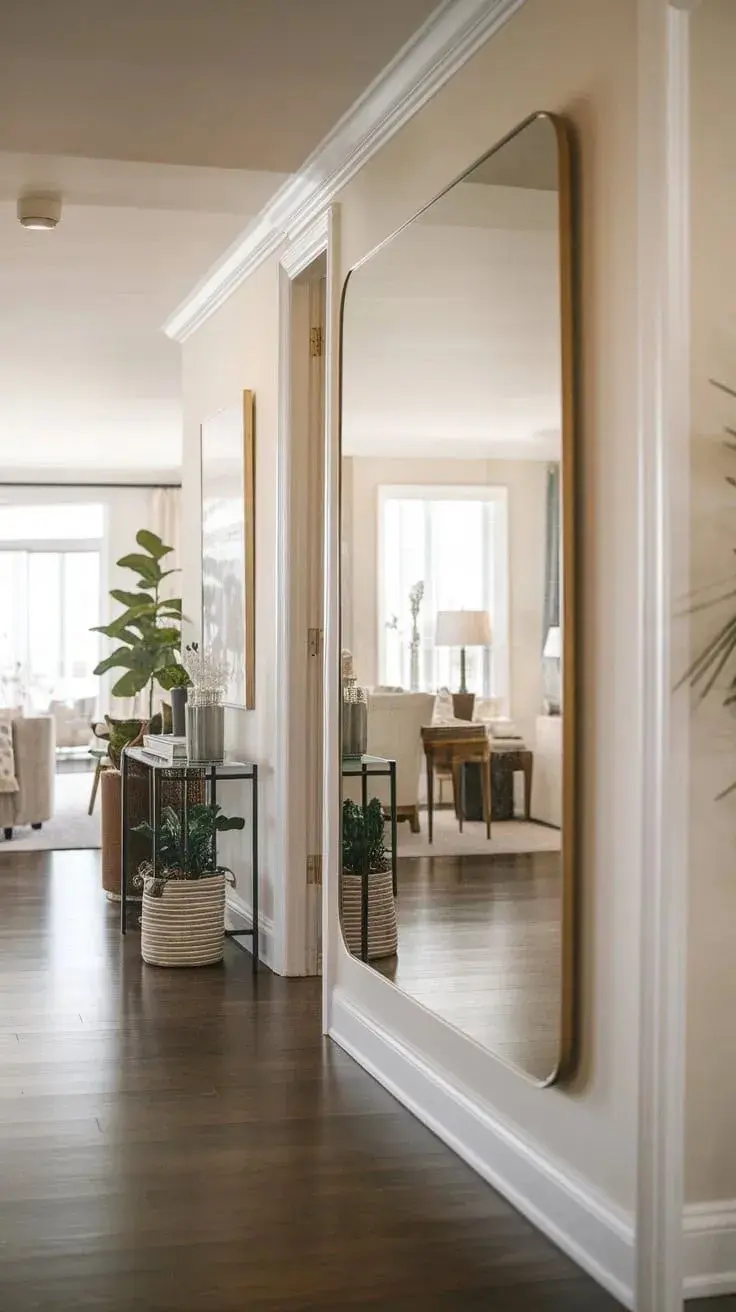 Colocar espejos grandes frente a ventanas o en pasillos angostos multiplica la luz natural y genera sensación de amplitud.