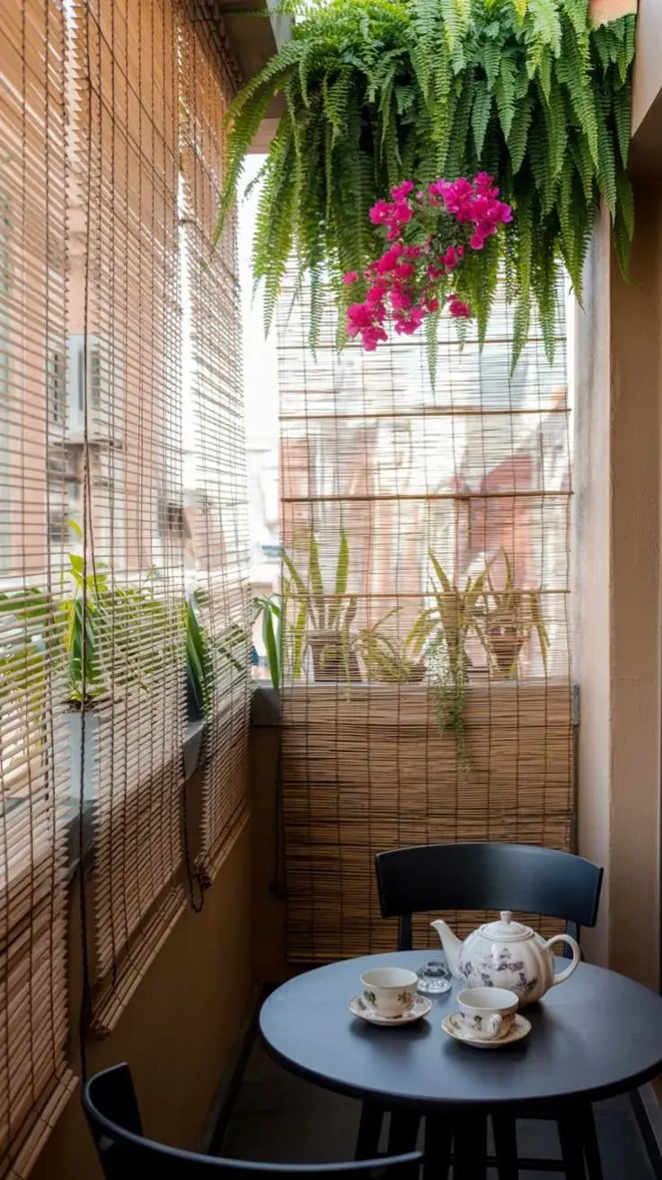 Foto de balcon pequeño con cortinas.