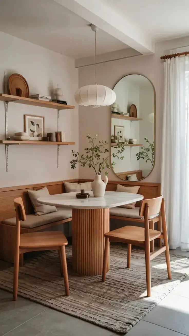 Inspirado en los clásicos diners y las cocinas rústicas, el formato office con banco corrido sustituye varias sillas por una estructura continua