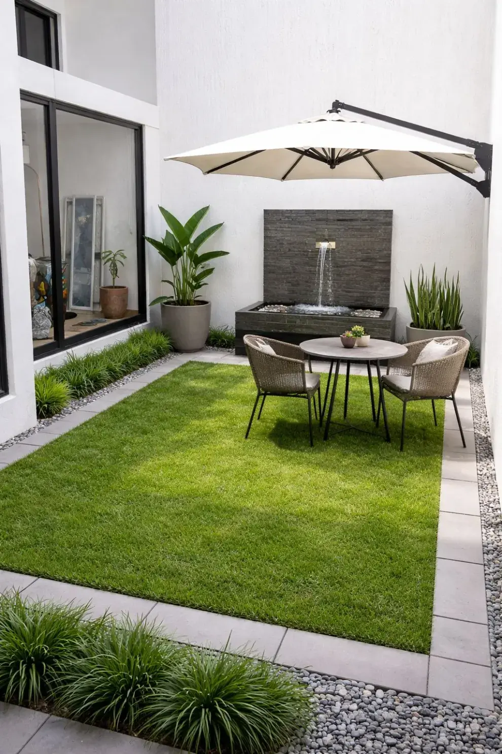Ideas para mini patios con césped sintético.