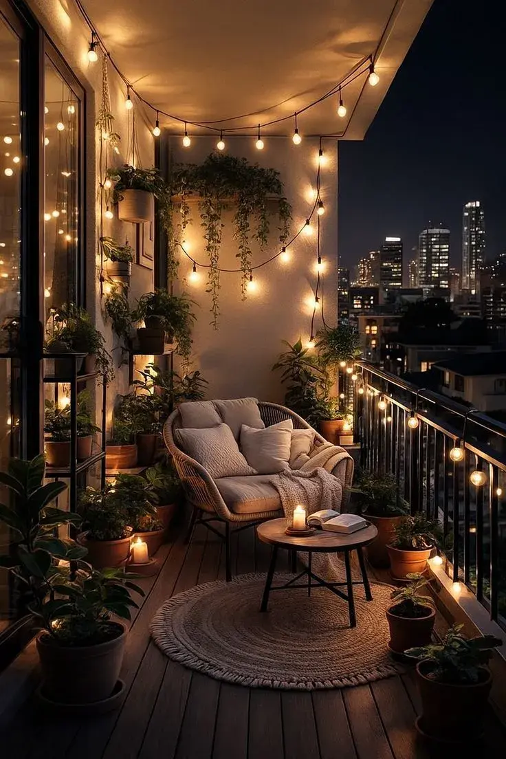 Iluminación de ambiente: guirnaldas de luces, apliques o lámparas colgantes enfatizan la altura y extienden el uso del balcón más allá del día.