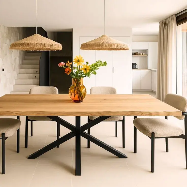 Mesa de madera clara con patas de hierro negro.