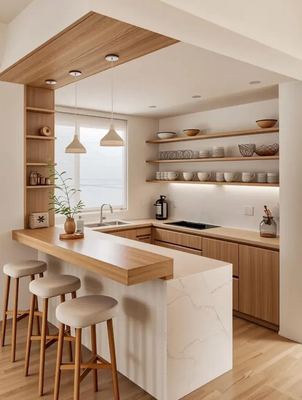 Los materiales livianos o traslúcidos, como maderas claras, metal fino o superficies claras, ayudan a que la barra no se perciba como un bloque pesado dentro de la cocina.